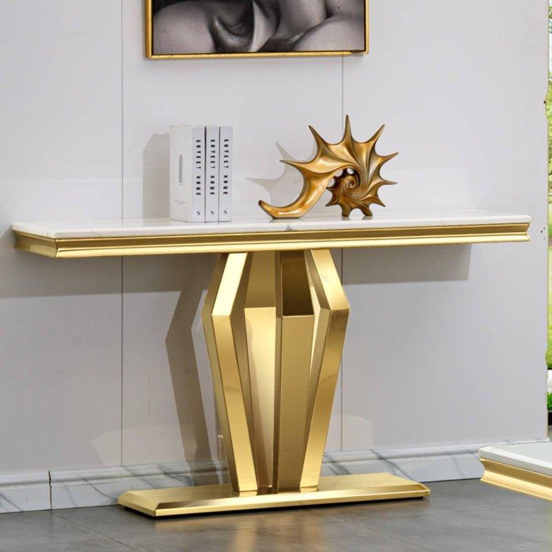 Beyaz ve Gold Mermer Desenli Geometrik Tabanlı Dresuar - 127x41x77 cm - 331772