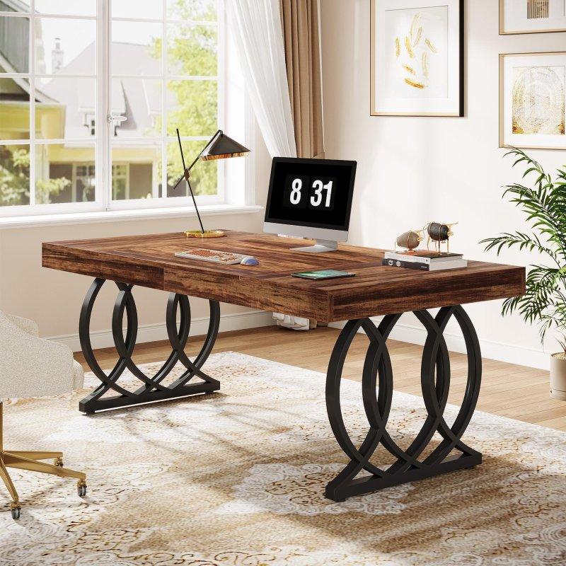 Beyaz ve Gold Mermer Desenli Metal Ayaklı Modern Ofis Masası - 161 cm - 328140