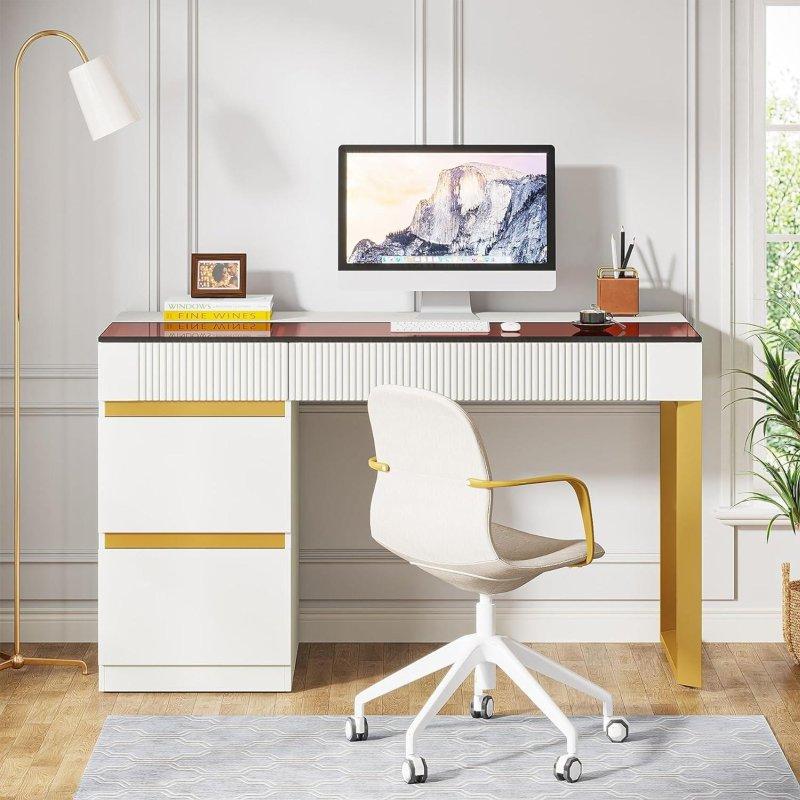 Beyaz ve Gold Metal Ayaklı Cam Tablalı 4 Çekmeceli MDF Ofis Masası - 120 cm - 327683
