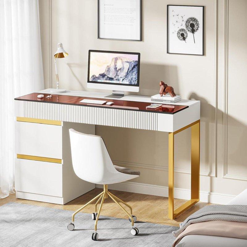 Beyaz ve Gold Metal Ayaklı Cam Tablalı 4 Çekmeceli MDF Ofis Masası - 120 cm - 327683