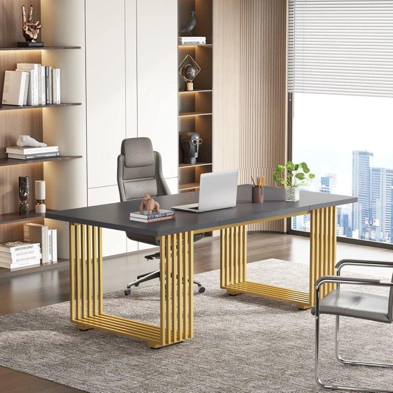 Beyaz ve Gold Metal Ayaklı Geniş Modern Yönetici Ofis Masası - 180 cm - 326597