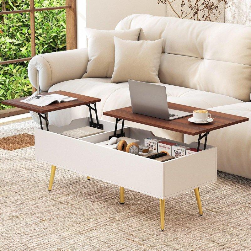 Beyaz ve Gold Metal Ayaklı Gizli Bölmeli Kaldırılabilir Akıllı Sehpa - 112x49x40 cm - 254165