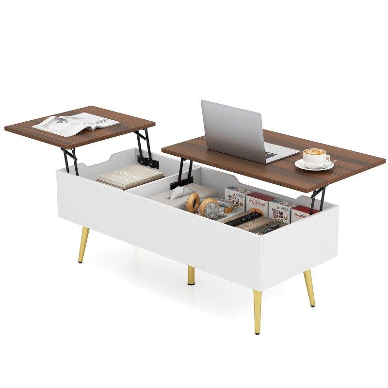 Beyaz ve Gold Metal Ayaklı Gizli Bölmeli Kaldırılabilir Akıllı Sehpa - 112x49x40 cm - 254165