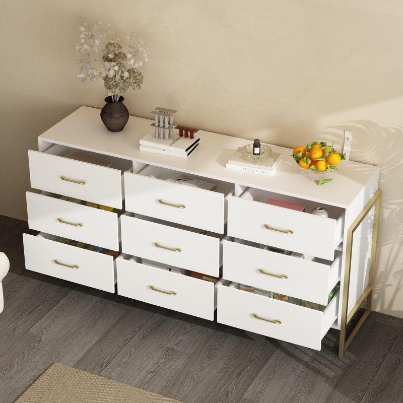 Beyaz ve Gold Metal Çerçeveli 9 Çekmeceli Şifonyer - 156 cm - 300700