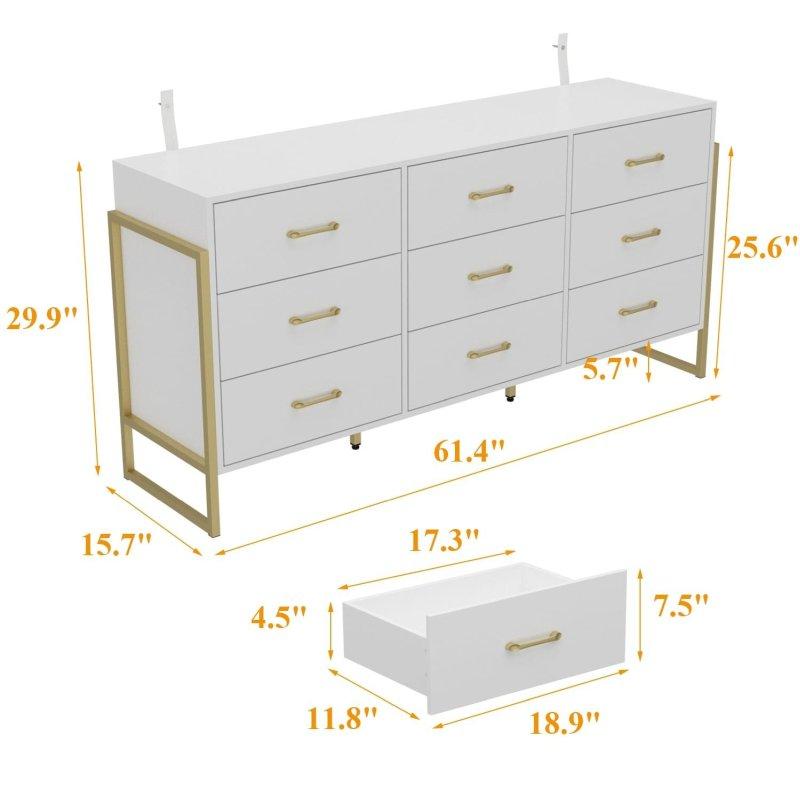 Beyaz ve Gold Metal Çerçeveli 9 Çekmeceli Şifonyer - 156 cm - 300700