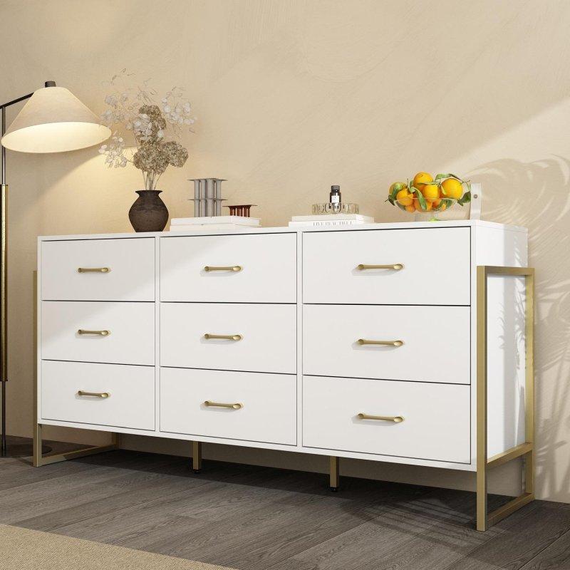 Beyaz ve Gold Metal Çerçeveli 9 Çekmeceli Şifonyer - 156 cm - 300700