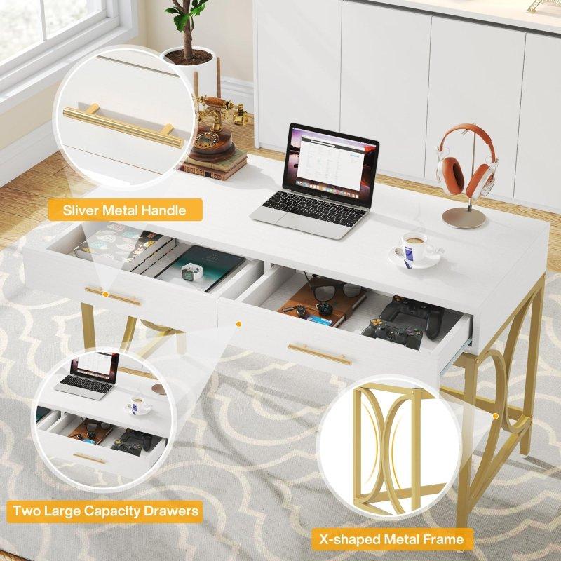Beyaz ve Gold Metal İki Çekmeceli X Ayaklı Ofis Masası - 105 cm - 327044