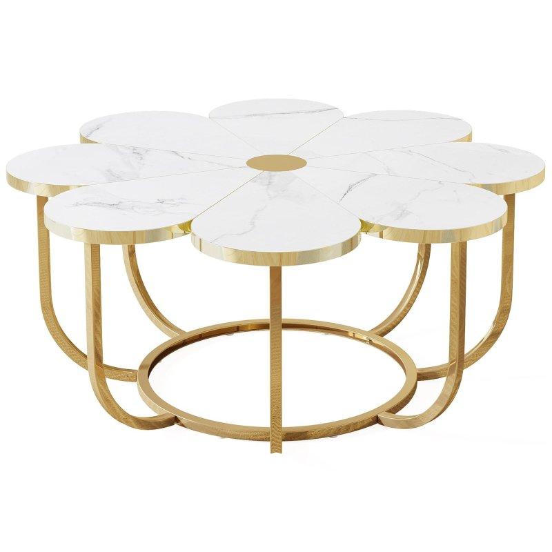 Beyaz ve Gold Metal ve Ahşap Çiçek Tasarımlı Yuvarlak Orta Sehpa - 100 cm - 240491