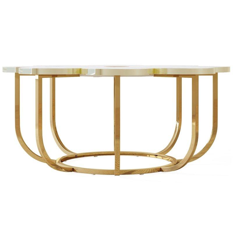 Beyaz ve Gold Metal ve Ahşap Çiçek Tasarımlı Yuvarlak Orta Sehpa - 100 cm - 240491