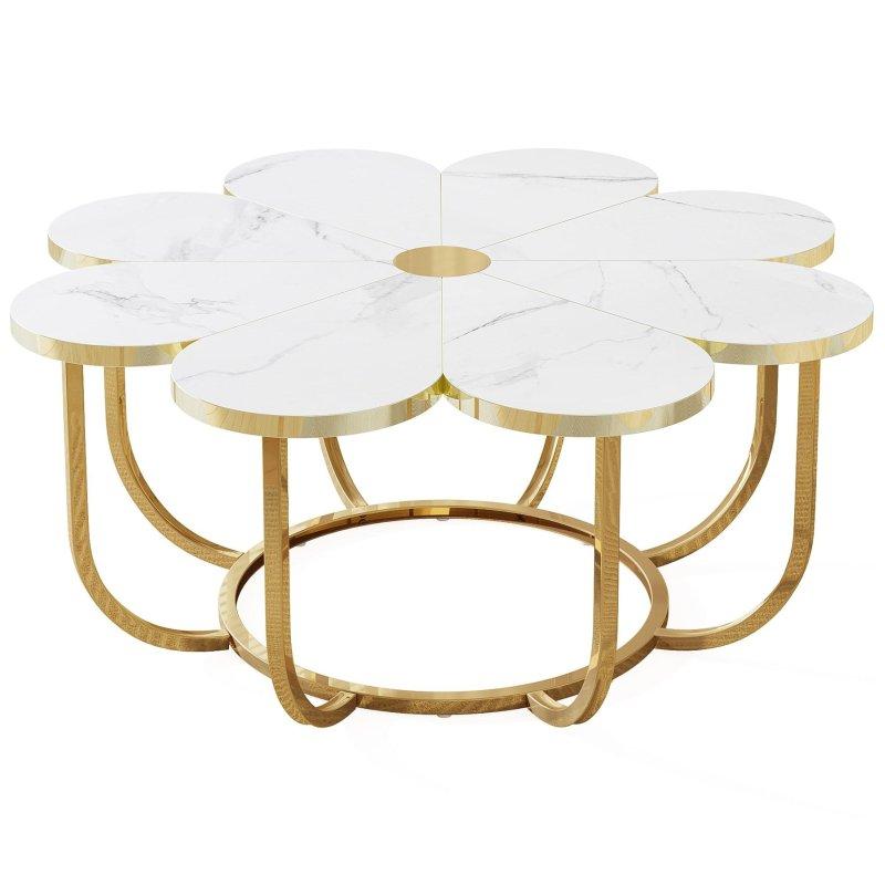Beyaz ve Gold Metal ve Ahşap Çiçek Tasarımlı Yuvarlak Orta Sehpa - 100 cm - 240491