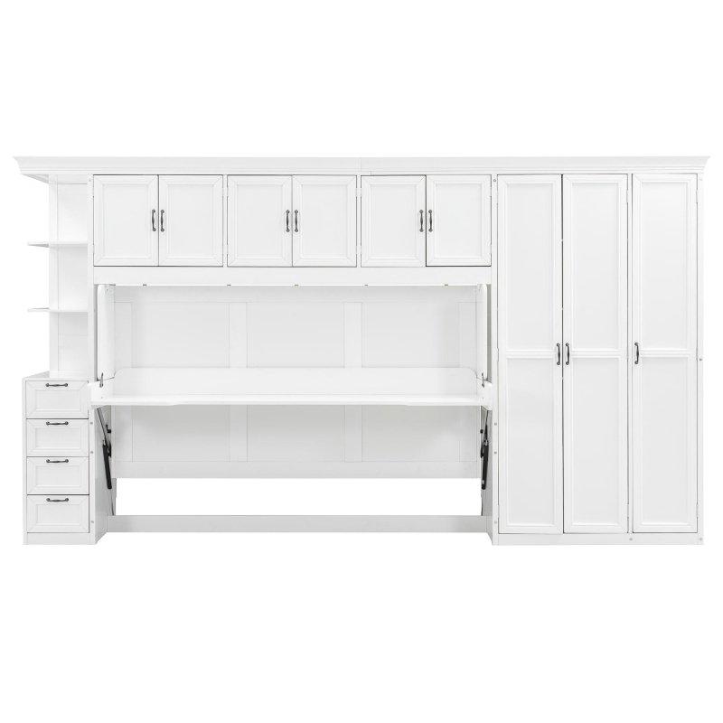 Beyaz ve Gri Kontrplak ve MDF Gardıroplu ve Masalı Tek Kişilik Duvar Yatağı - 265594