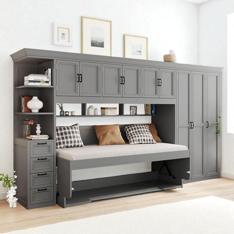 Beyaz ve Gri Masalı Gardıroplu MDF Tek Kişilik Duvar Yatağı - 262697