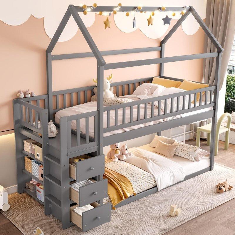 Beyaz ve Gri Masif Çam ve MDF Raflı ve Çekmeceli Ev Tasarımlı Ranza - 248x114x239 cm - 250340