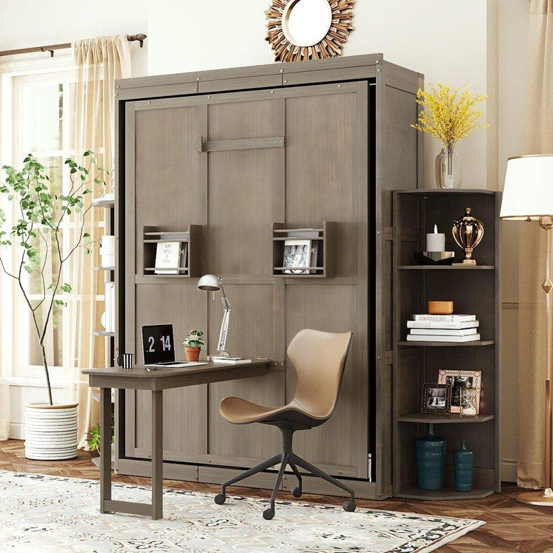 Beyaz ve Gri MDF 360° Dönebilen Masalı ve Raflı Çift Kişilik Duvar Yatağı - 263590