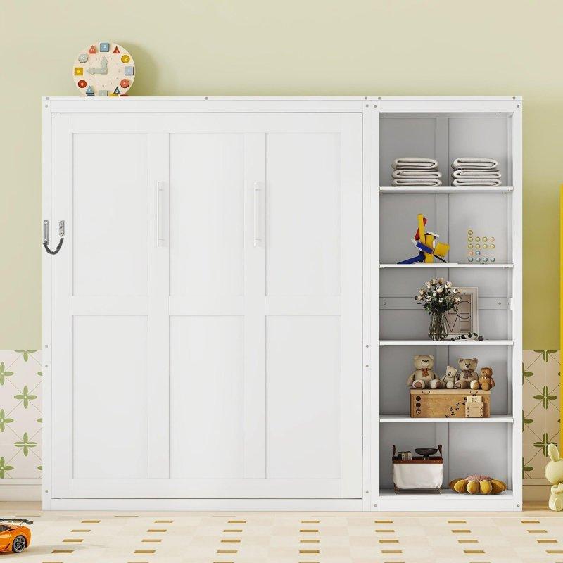 Beyaz ve Gri MDF Ayarlanabilir Raflı Dolaplı Duvar Yatağı - 209x225 cm - 262488