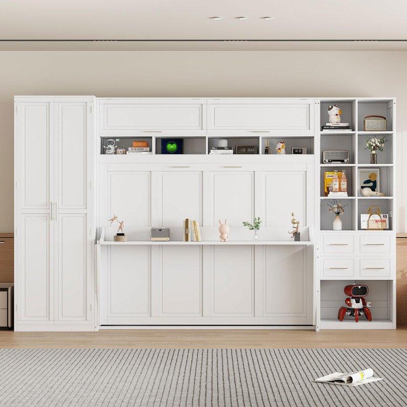 Beyaz ve Gri MDF Dolaplı Raflı ve Çekmeceli Duvar Yatağı - 261578