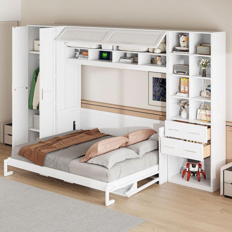 Beyaz ve Gri MDF Dolaplı Raflı ve Çekmeceli Duvar Yatağı - 261578