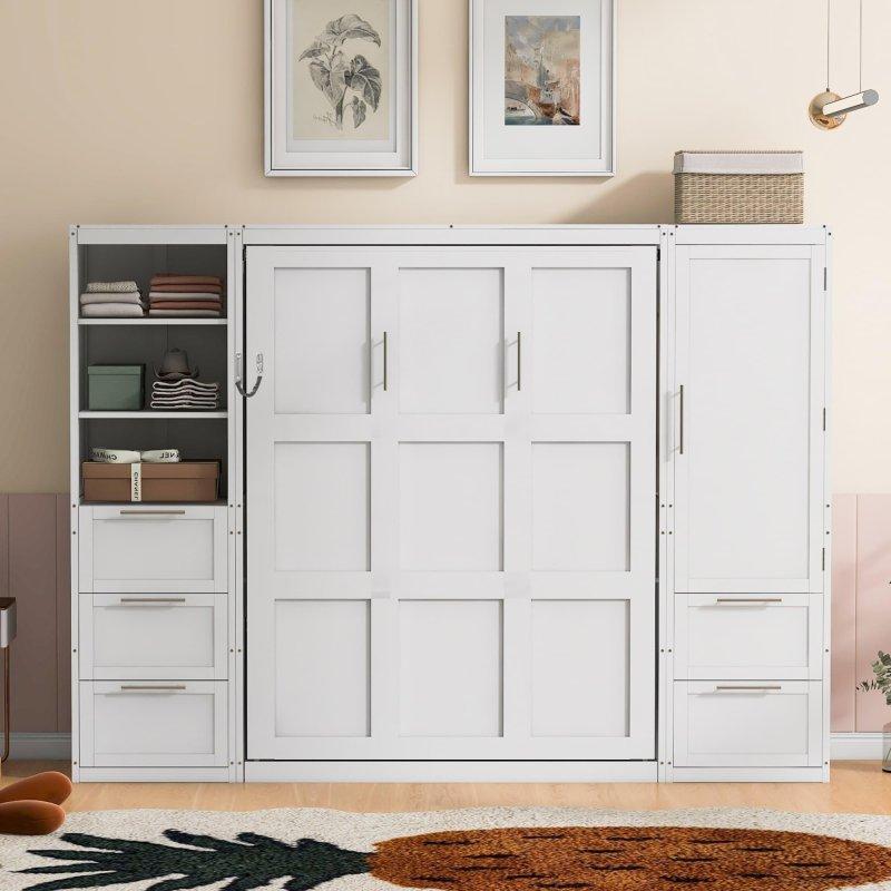 Beyaz ve Gri MDF Gardıroplu ve Çekmeceli Çift Kişilik Duvar Yatağı - 265239