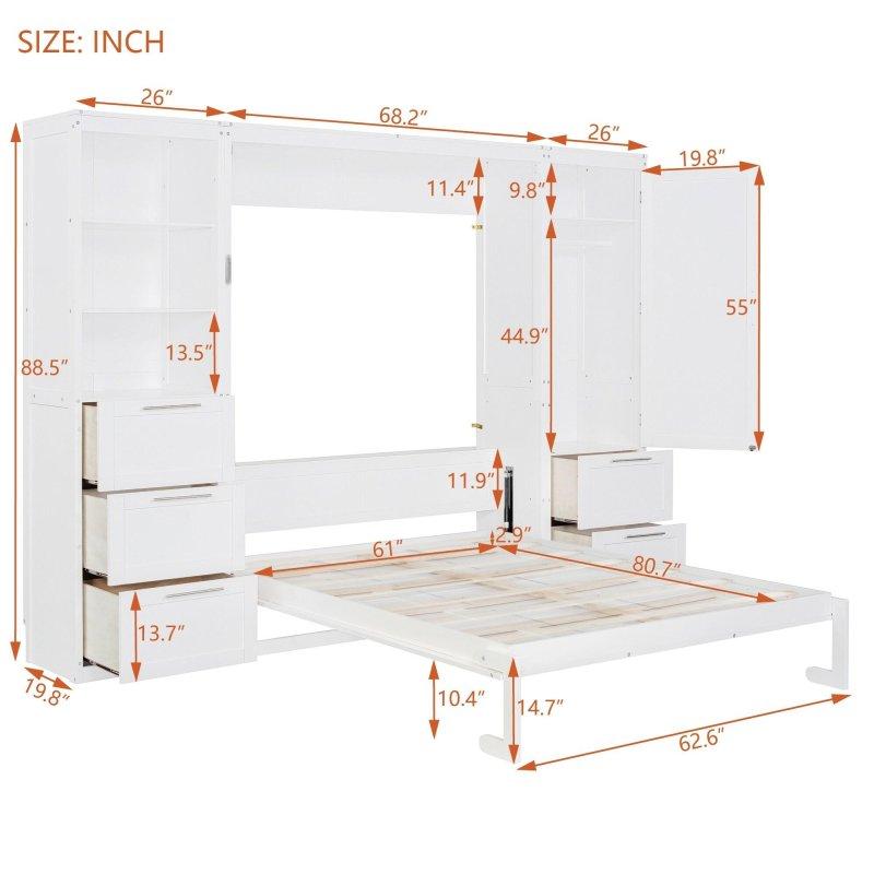 Beyaz ve Gri MDF Gardıroplu ve Çekmeceli Çift Kişilik Duvar Yatağı - 265239