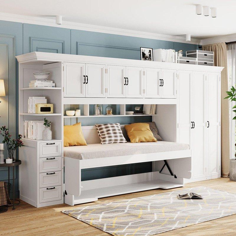 Beyaz ve Gri MDF Gardıroplu ve Katlanır Masalı Tek Kişilik Duvar Yatağı - 263846