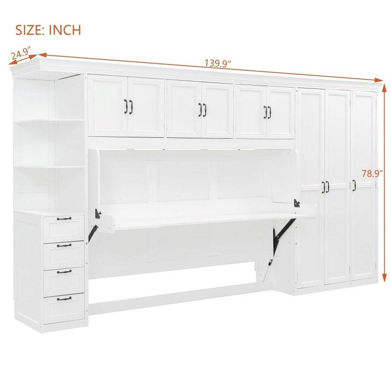 Beyaz ve Gri MDF Gardıroplu ve Katlanır Masalı Tek Kişilik Duvar Yatağı - 263846