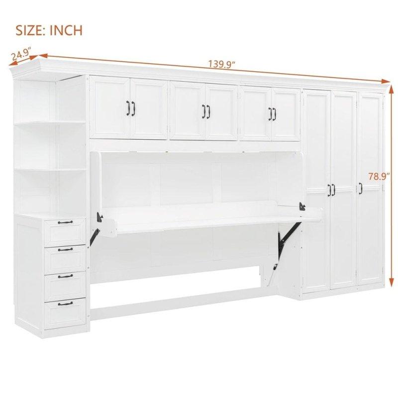 Beyaz ve Gri MDF Gardıroplu ve Masalı Tek Kişilik Duvar Yatağı - 265634