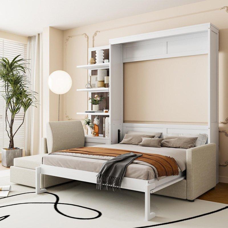 Beyaz ve Gri MDF Koltuklu ve Raflı Duvar Yatağı - 257x205x224 cm - 261330