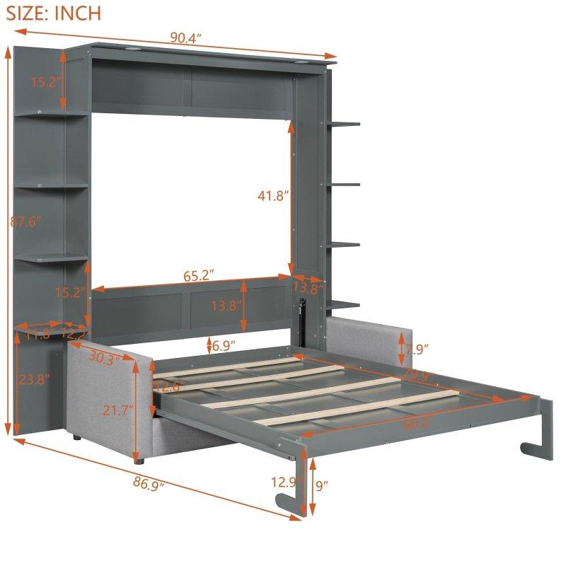 Beyaz ve Gri MDF Koltuklu ve Raflı Queen Boy Duvar Yatağı - 263961