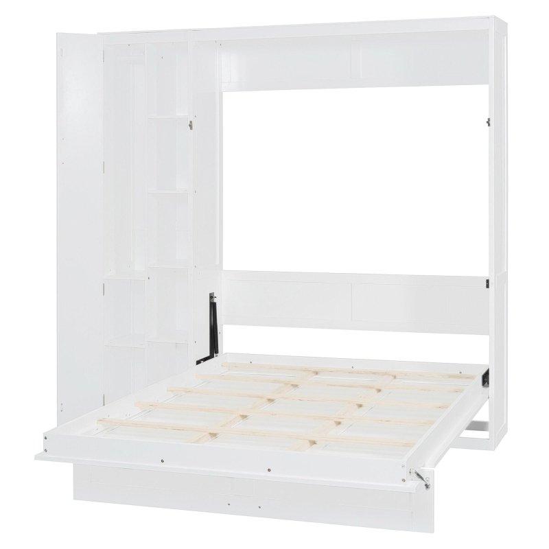 Beyaz ve Gri MDF Raflı Gardıroplu LED Aydınlatmalı Duvar Yatağı - Full ve Queen Boy - 266883