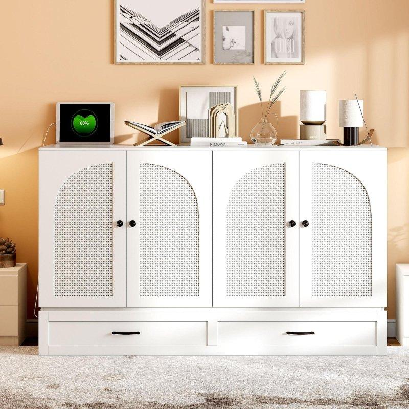 Beyaz ve Gri MDF Rattan Panelli USB Portlu Çekmeceli Duvar Yatağı - 160x205 cm - 262656