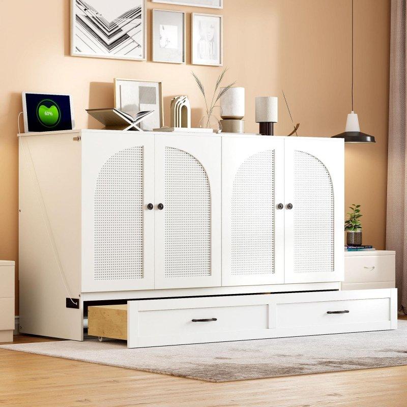 Beyaz ve Gri MDF Rattan Panelli USB Portlu Çekmeceli Duvar Yatağı - 160x205 cm - 262656