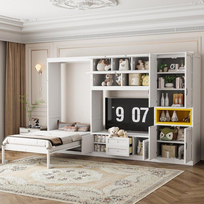 Beyaz ve Gri MDF TV Üniteli Dolaplı Raflı Tek Kişilik Duvar Yatağı - 317 cm - 265842