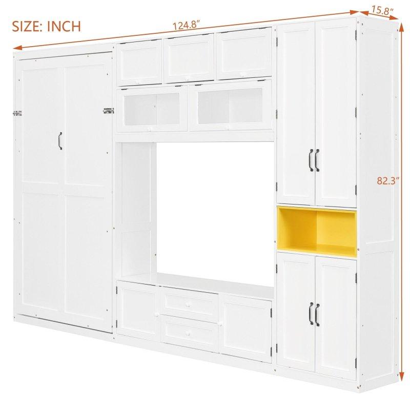 Beyaz ve Gri MDF TV Üniteli Dolaplı Raflı Tek Kişilik Duvar Yatağı - 317 cm - 265842