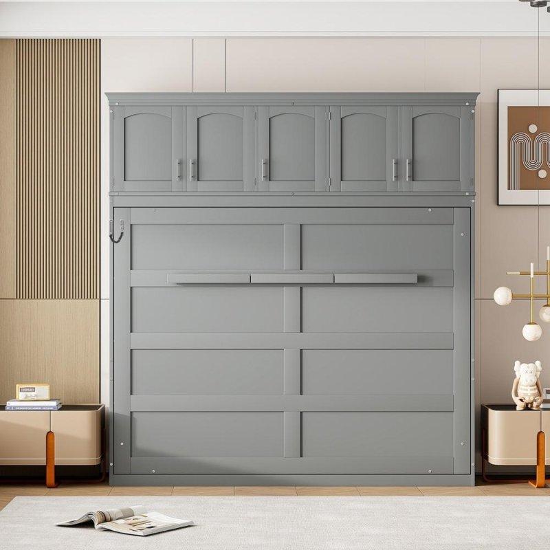 Beyaz ve Gri MDF Üst Dolaplı Katlanır Duvar Yatağı - 263791