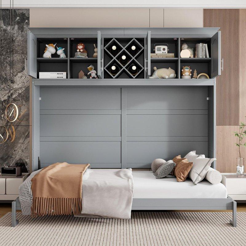 Beyaz ve Gri MDF Üst Dolaplı ve Şarap Raflı Duvar Yatağı - 262360