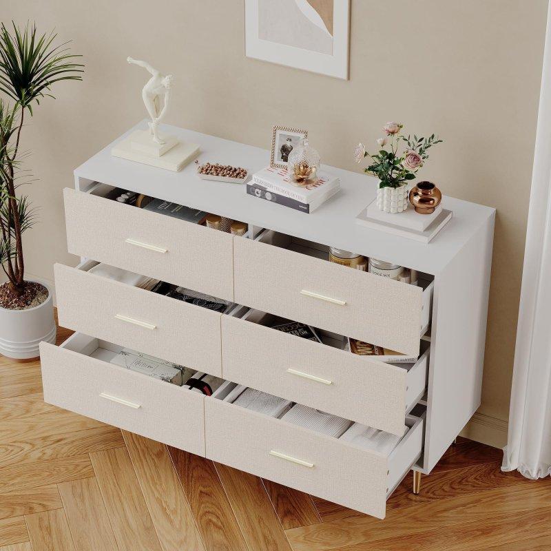 Beyaz ve Gri Metal Ayaklı Gold Kulplu 6 Çekmeceli Ahşap Şifonyer - 120x40x85 cm - 309234