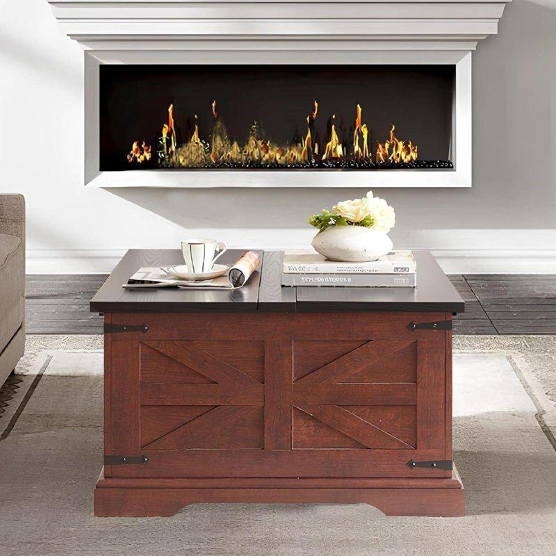 Beyaz ve Kahverengi Ahşap Kaldırılabilir Tablalı Gizli Depolamalı Kare Akıllı Sehpa - 81x81 cm - 254094