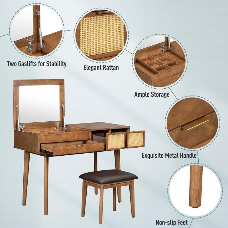 Beyaz ve Kahverengi Hasır Detaylı 3 Çekmeceli Gizli Aynalı Tabureli Makyaj Şifonyeri - 110 cm - 305191