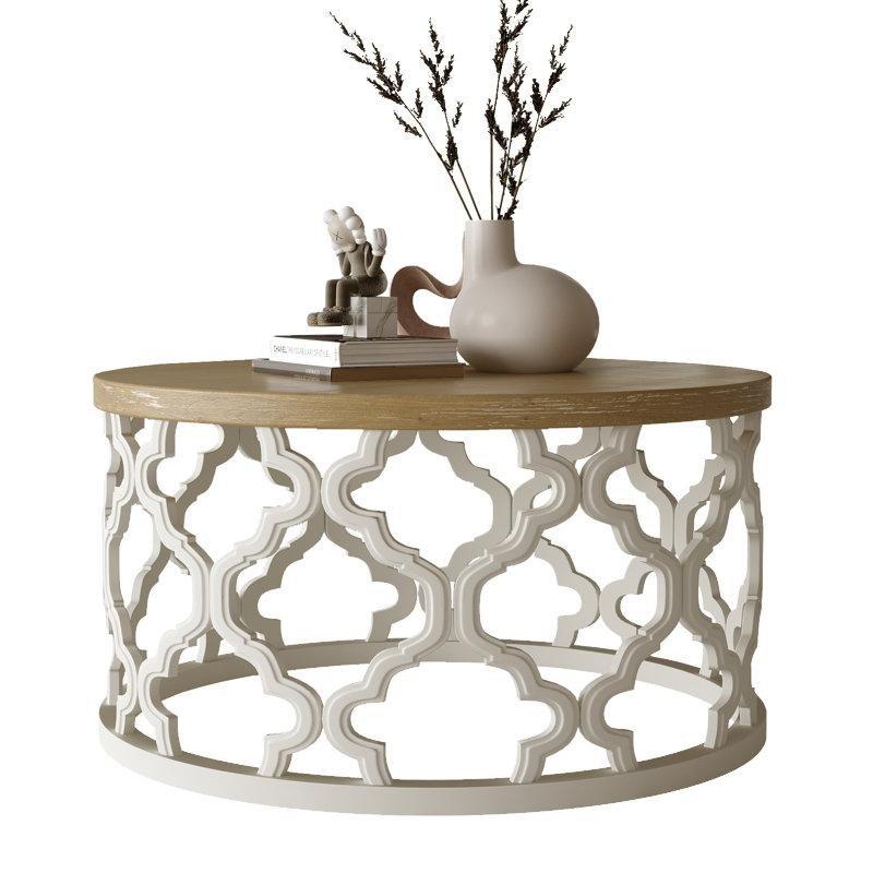 Beyaz ve Kahverengi Masif Ahşap ve MDF Eskitme Tasarım Yuvarlak Orta Sehpa - 82 cm - 245214