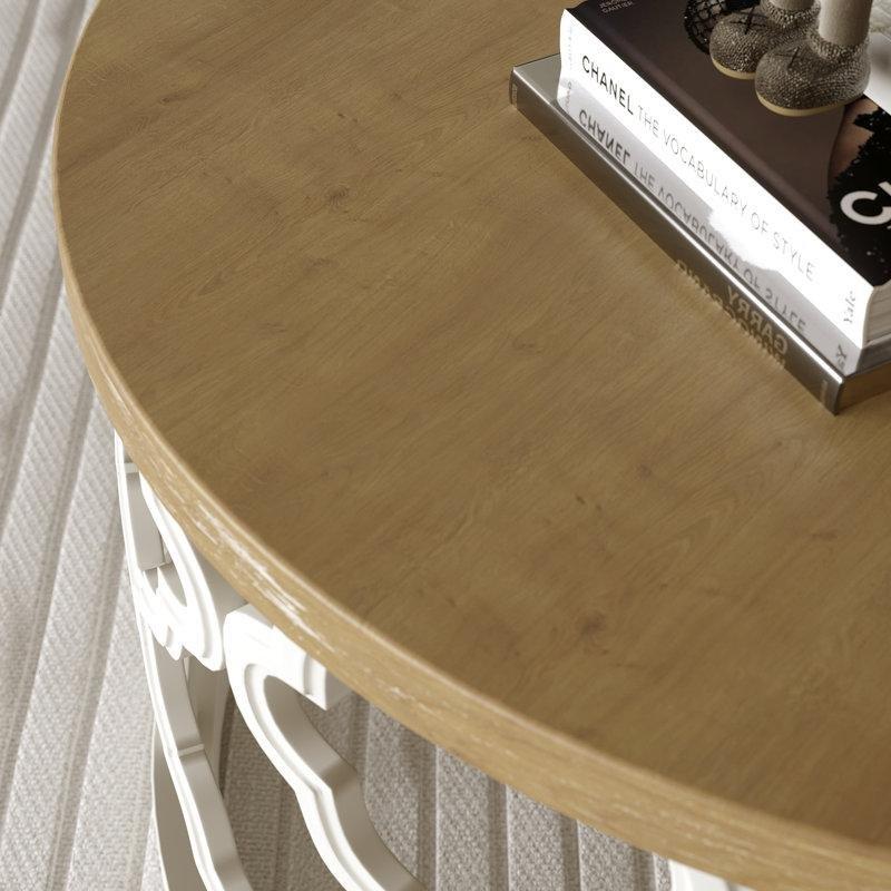 Beyaz ve Kahverengi Masif Ahşap ve MDF Eskitme Tasarım Yuvarlak Orta Sehpa - 82 cm - 245214