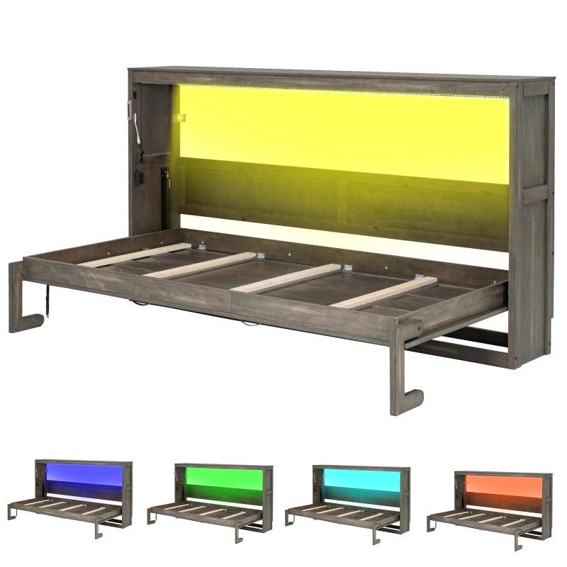 Beyaz ve Kahverengi Masif Ahşap ve MDF Masalı LED Aydınlatmalı Hidrolik Tek Kişilik Duvar Yatağı - 194x100 cm - 264351