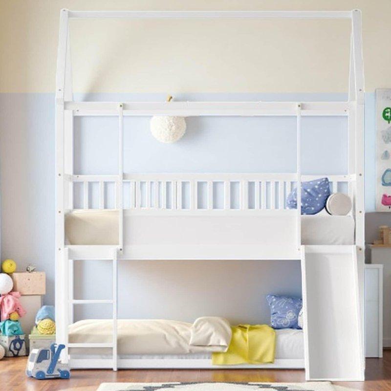 Beyaz ve Kahverengi Masif Çam ve MDF Kaydıraklı Ev Şeklinde Ranza - 249861