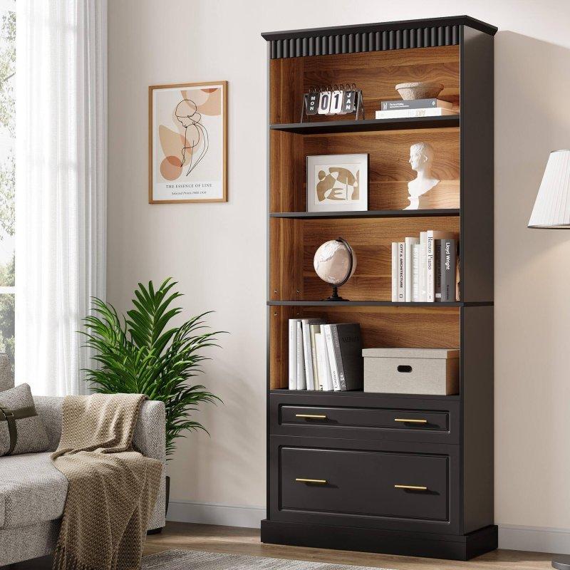 Beyaz ve Kahverengi MDF 2 Çekmeceli 5 Raflı İkili Set Kitaplık - 81x30x185 cm - 318789