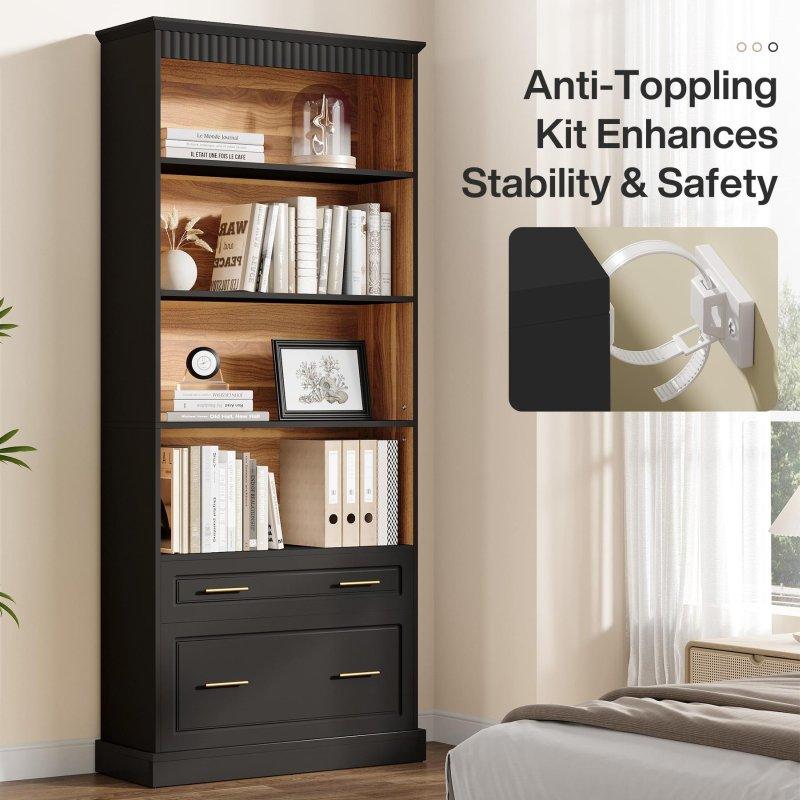 Beyaz ve Kahverengi MDF 2 Çekmeceli 5 Raflı İkili Set Kitaplık - 81x30x185 cm - 318789