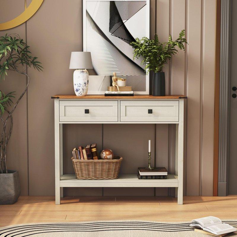 Beyaz ve Kahverengi MDF 2 Çekmeceli Alt Raflı Kır Evi Dresuar - 333183