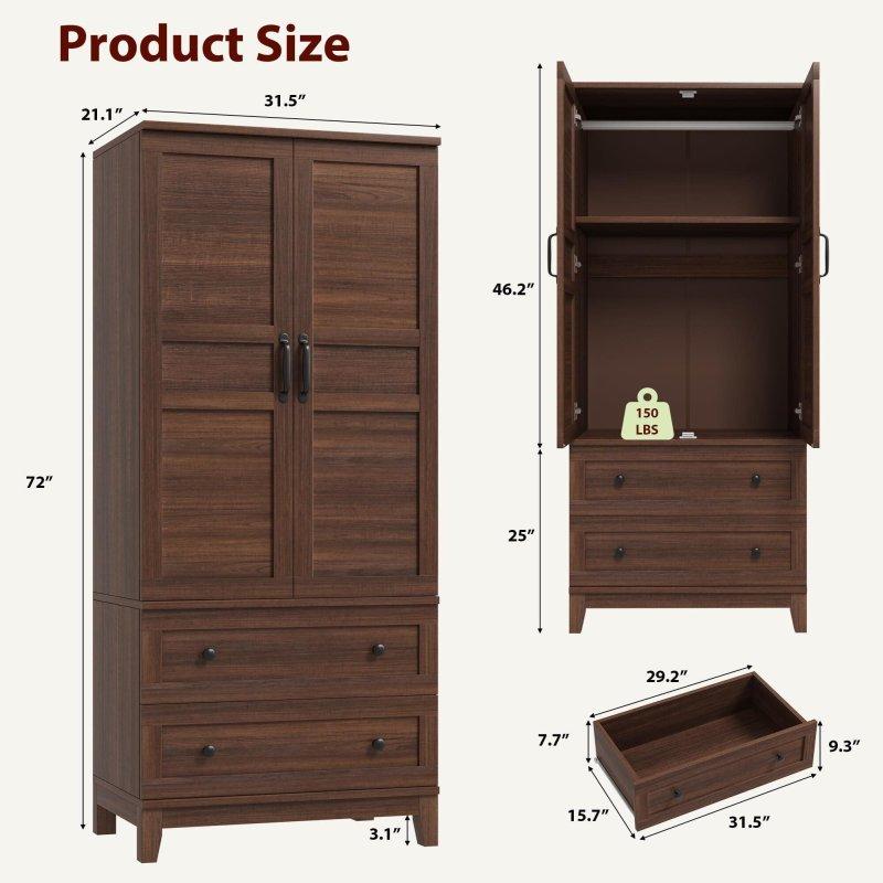Beyaz ve Kahverengi MDF 2 Çekmeceli Askı Borulu Dikey Şifonyer - 81x54x183 cm - 309525