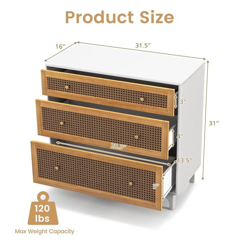 Beyaz ve Kahverengi MDF 3 Çekmeceli Rattan Şifonyer - 81 cm - 296762