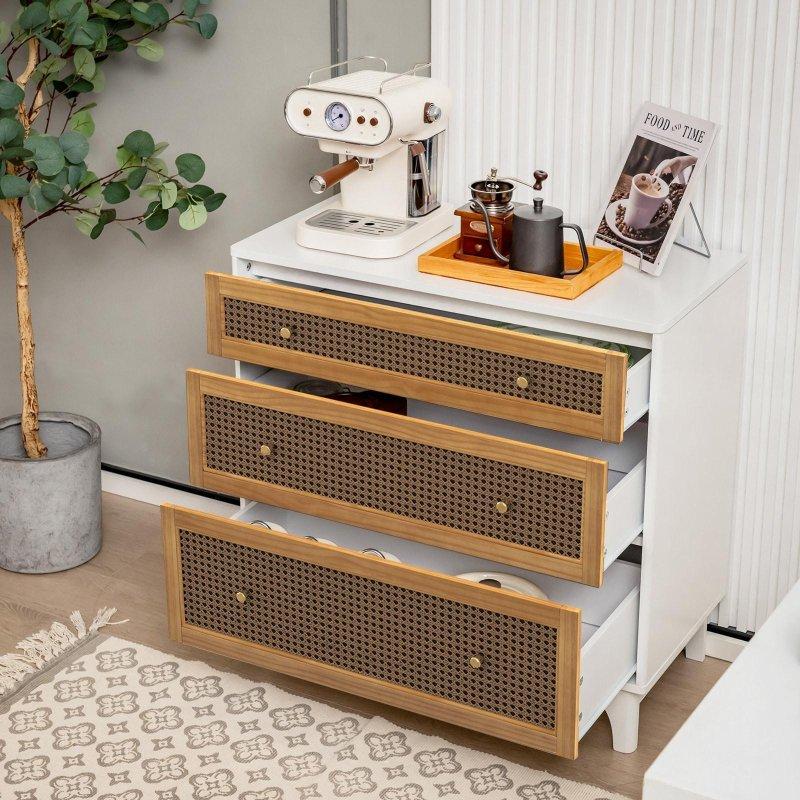 Beyaz ve Kahverengi MDF 3 Çekmeceli Rattan Şifonyer - 81 cm - 296762