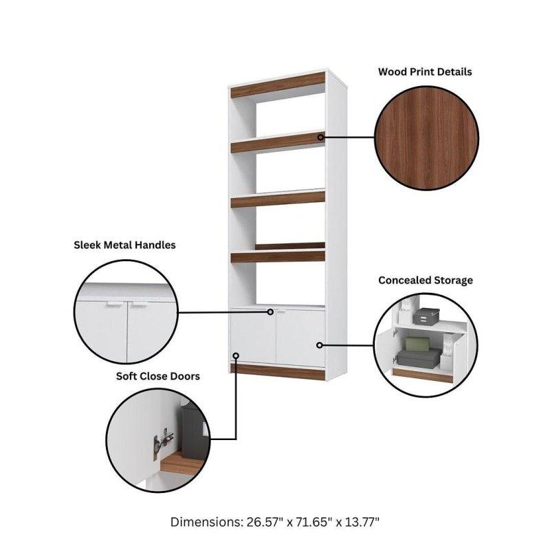 Beyaz ve Kahverengi MDF 5 Raflı Yavaş Kapanan Kapaklı Kitaplık - 68x182x35 cm - 318687