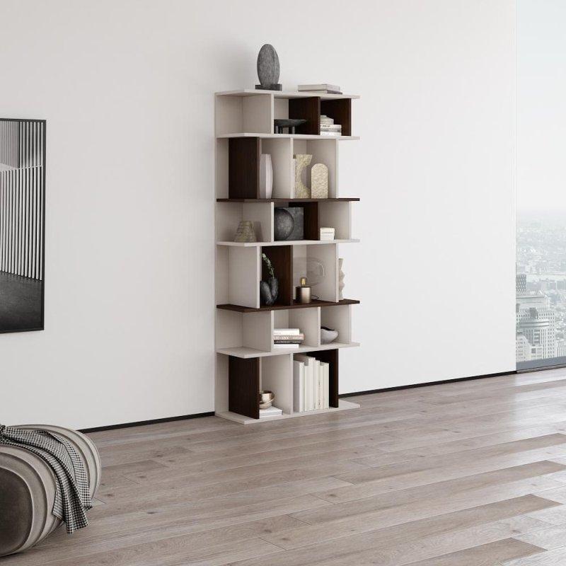 Beyaz ve Kahverengi MDF 6 Raflı İki Renkli Dar Kitaplık - 81x180 cm - 313418